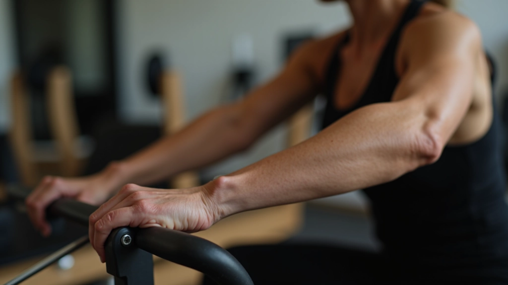 Close-up of hands gripping reformer Pilates equipment handles during class