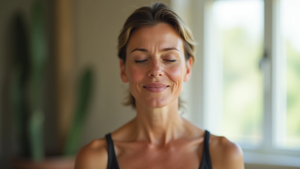 Close-up portrait of woman with closed eyes practicing deep breathing with calm expression in natural light
