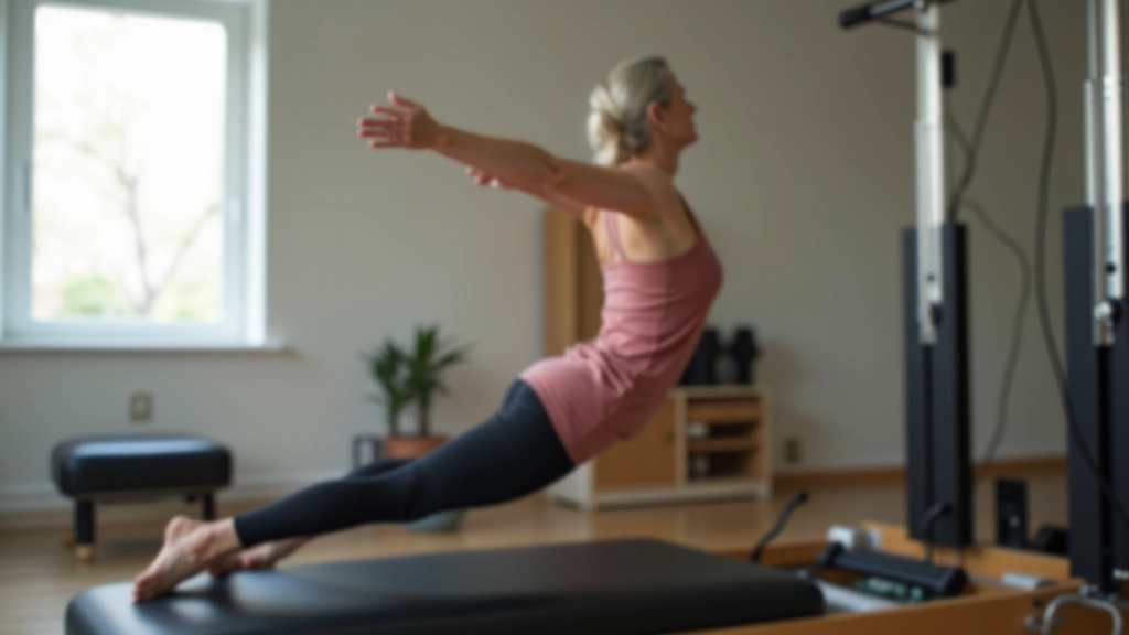 Woman in her 50s performing controlled core exercise on reformer machine with proper posture alignment