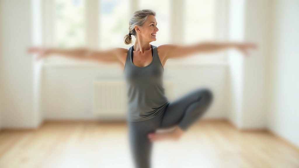 Woman aged 60 performing single-leg balance pose in yoga class demonstrating stability and control